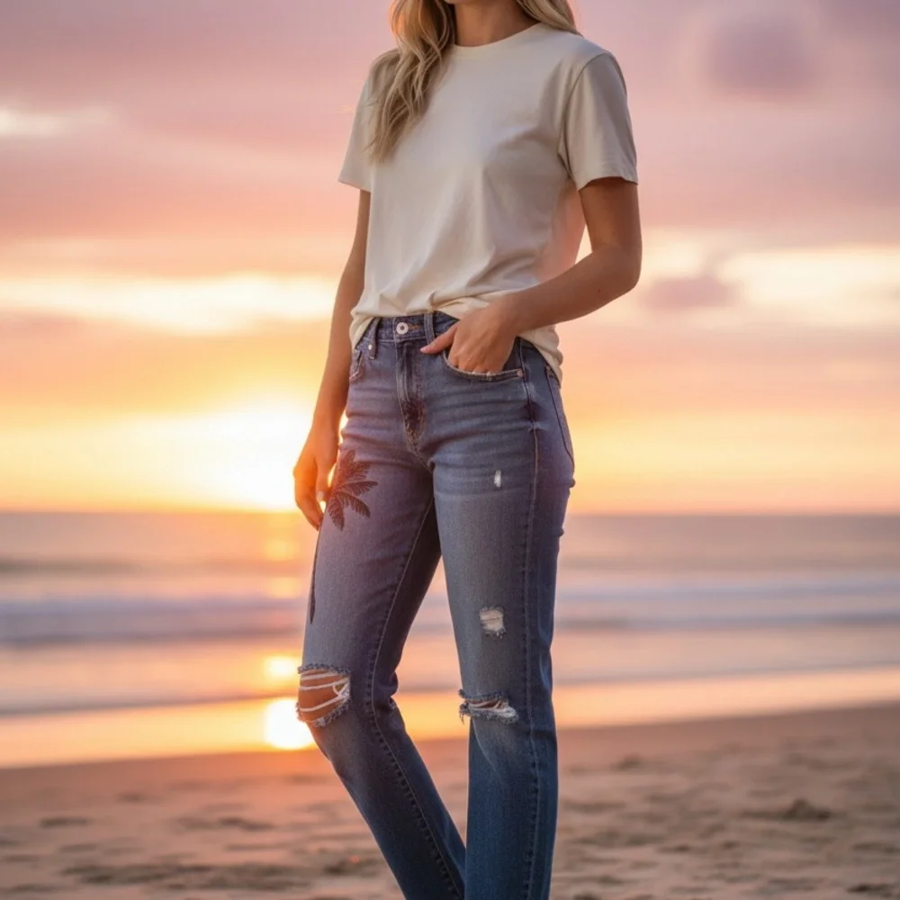 Free People Sandrine Rose denim jeans Palm Tree Embroidered size 26 NWT
